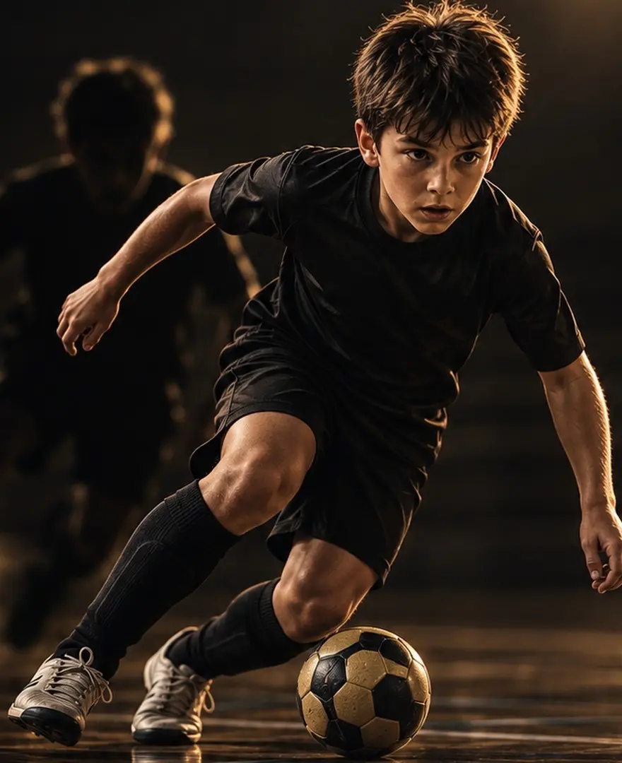 Un jeune joueur de futsal, maillot noir, conduit le ballon dans une palestre